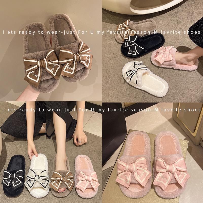 Fashion Casual Fluffy Slippers Women House Flats Fashion Winter Bowknot Love Designer Shoes Ladies Home Plush Platform Elegant Footwear
