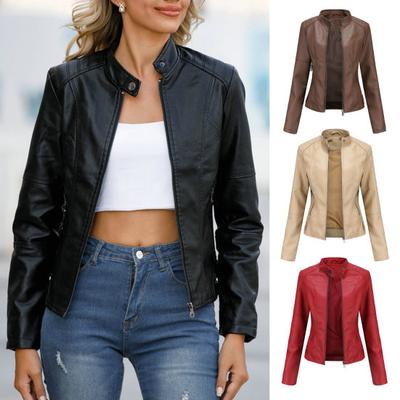 Women Solid Color Faux Leather Jacket Stand Collar Long Sleeve Slim Fit Coat Pockets Zipper Placket Windproof Biker Outwear