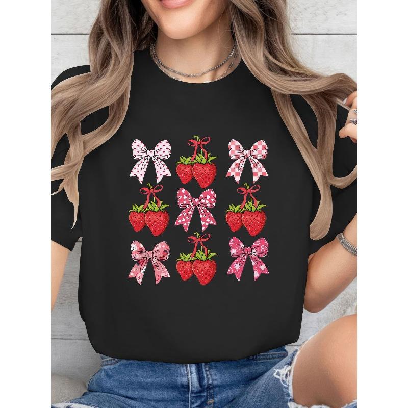 Women's Butterfly Strawberries Print Tee Crew Neck Short Sleeve Casual Spring Summer Top