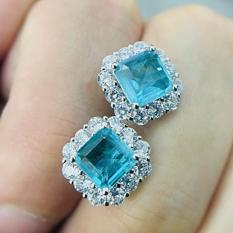 Sterlingové 12*12mm čtvercové náušnice pro ženy Elegantní zásnubní svatební náušnice s paraiba turmalínem Šperky