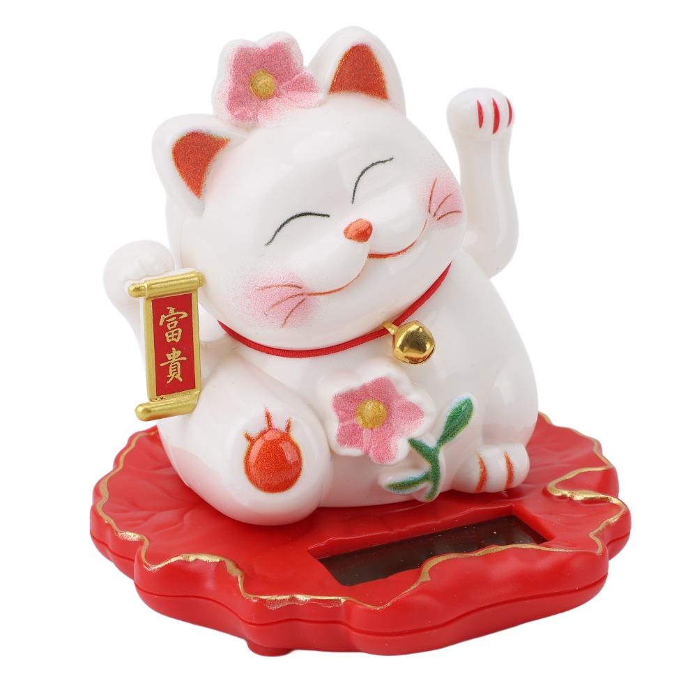 3in Solar Waving Cat Ornament ABS Light Operated Lucky Cat Decor Outdoor Porch Display Piece