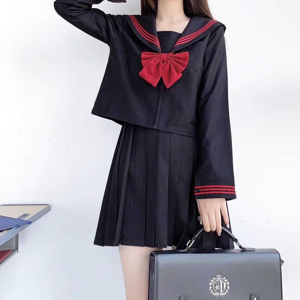 GSYCL Sailor Long Short Red Set for High School JK Top and Bottom Halloween School Plus Cute Sleeve Uniform, Black, Sleeve, Sleeve, Bow, 3-Piece