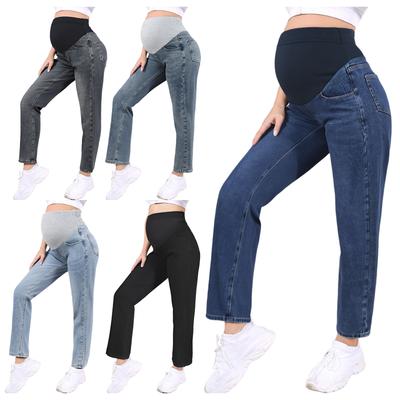 Jeans Premaman M-3XL Vita Alta Regolabile per Donne Incinte Pantaloni in Denim Casual Gamba Larga con Tasche