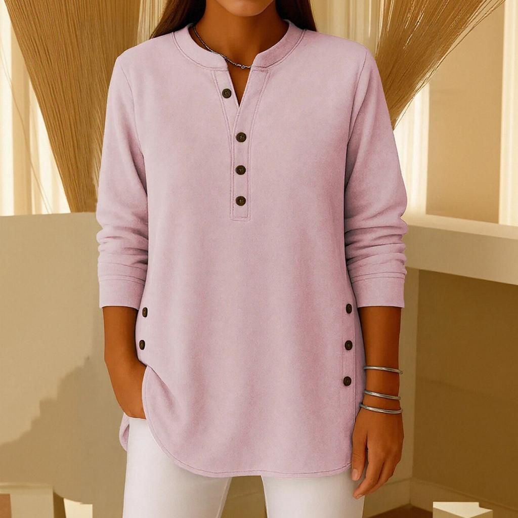 Women's Solid Color Button Long-sleeved Casual Loose Pullover Top