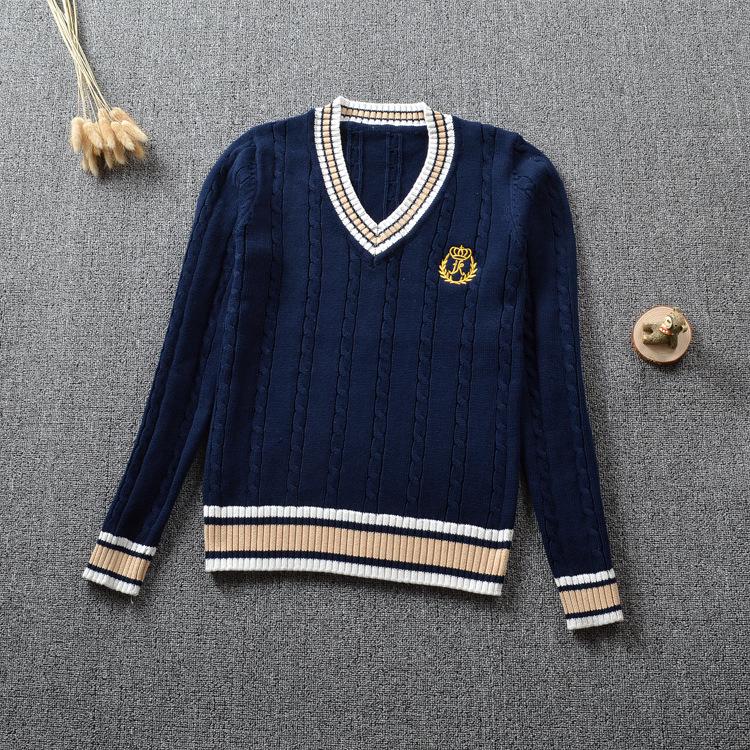 Unisex Britischer Stil JK Uniform V-Ausschnitt Bestickter Schulpullover