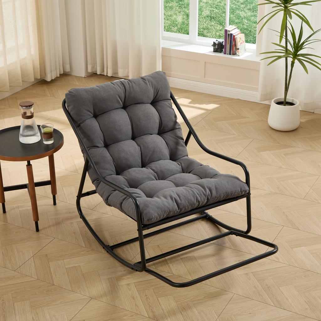 Outdoor Rocking Chair, Comfy Cushion, with Soft Thick Cushion,for Living Room, Bedroom, Reading Room, Black Frame with Grey Cushion