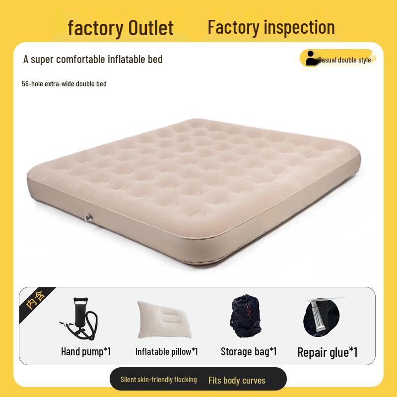 Beige Double Inflatable Camping Mattress: Portable, Thickened, and Foldable for Outdoor or Lunch Break Use.