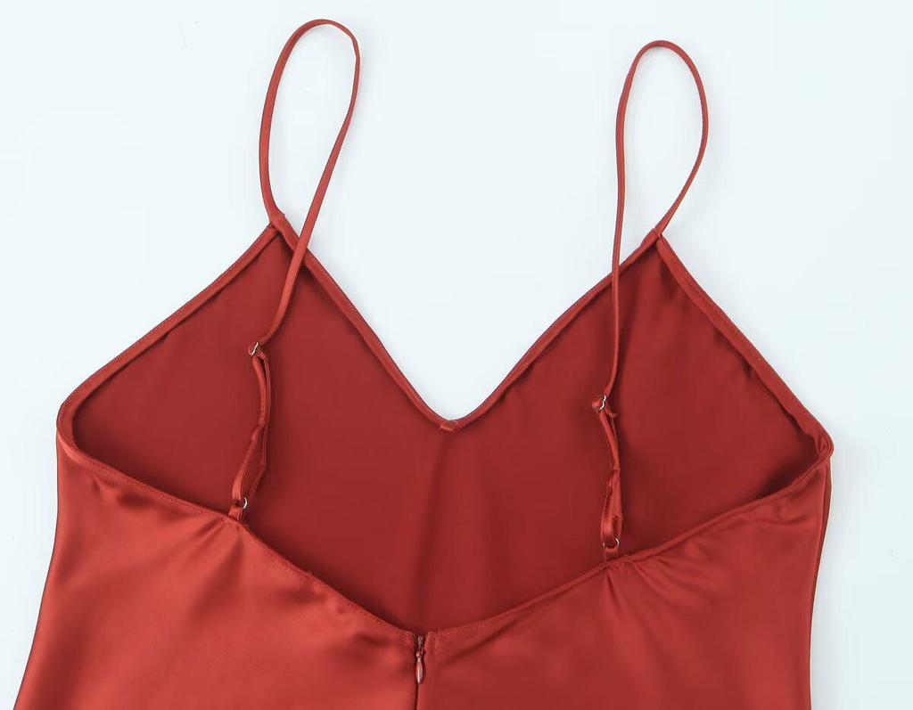 TAOP&ZA Women's Spring/Summer Elegant Silk Satin Backless V-Neck Spaghetti Strap Dress