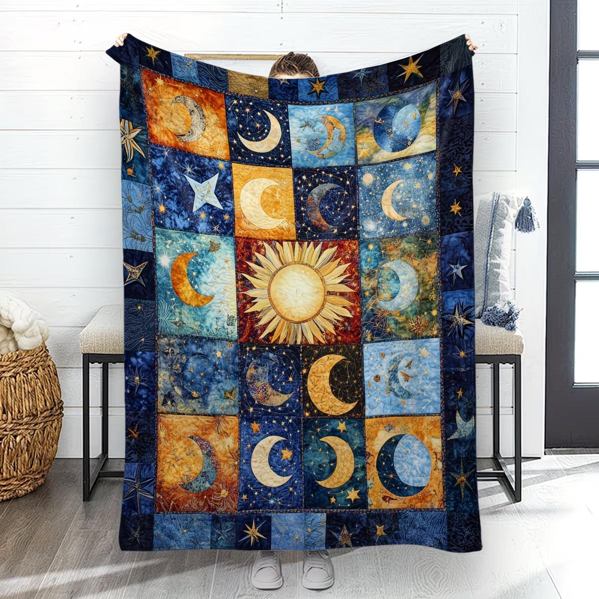 Sun Moon Spliced Flannel Blanket, A Soft and Cozy Blanket Perfect for Napping Travel or Home Decor Gift for Adults All Seasons 75cmx90cm