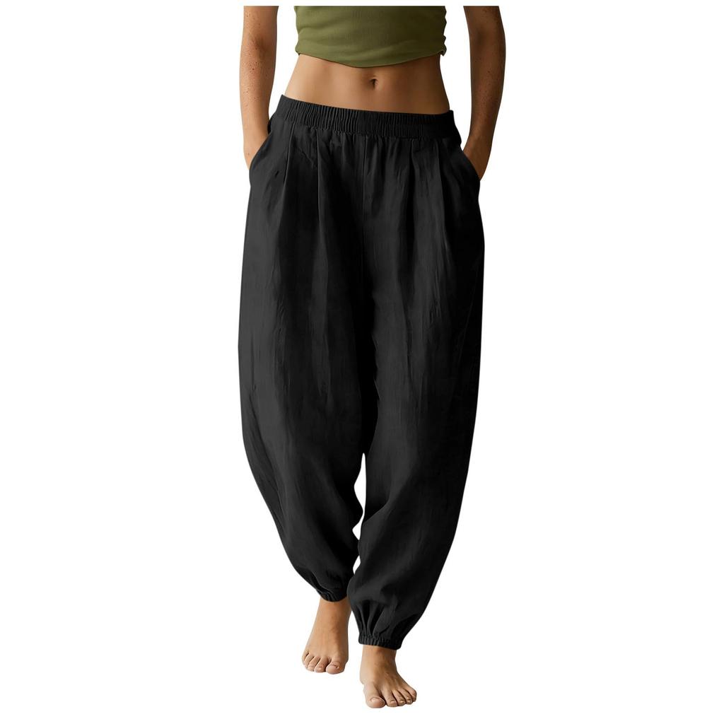 Women's Cotton Linen Pants Casual Elastic Waist Color Jogger Pants Comfy Beach Vacation Trousers With Pockets