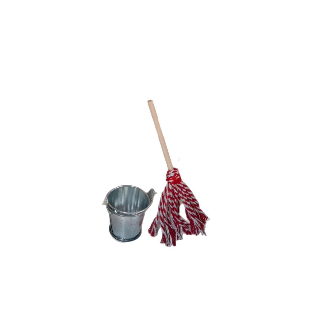 Miniature Dollhouse Cleaning Set with Bucket and Mop