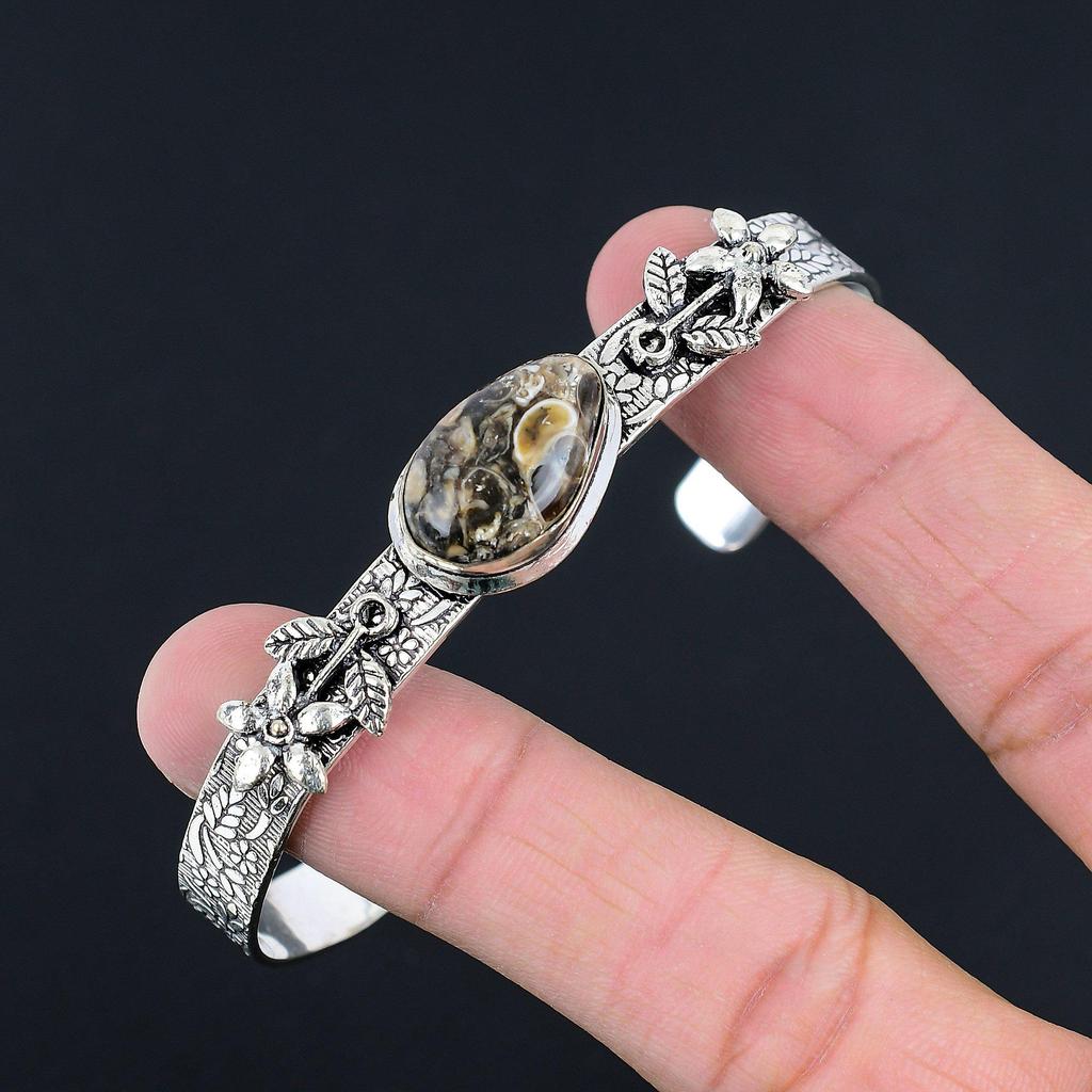 Turritella Agate Gemstone New Flower Elegant Bangle Bracelet 925 Sterling Silver