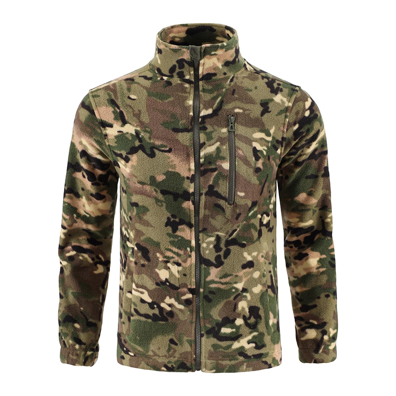 

Men s Solid Color Camouflage Outdoor Workwear Casual Loose Zipper Pocket Warm Long Sleeve Fleece Stand Collar Jacket XXXL