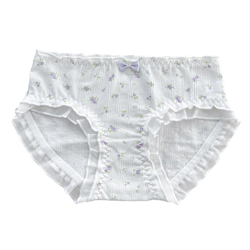 Japanese Floral Print Women's Mid-Waist Purple Cotton Triangle Underwear