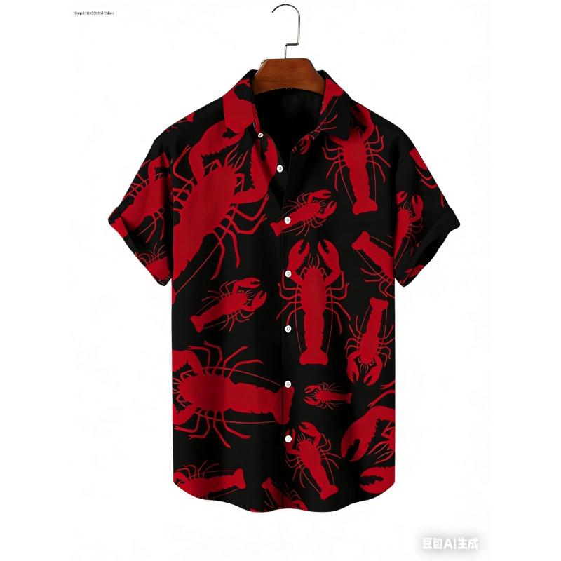 Men Hawaiian Shirt Lobster Printing Shirt Leisure Shirt Summer Fashion Casual Beach Vacation Short Sleeve Men Clothing Tops