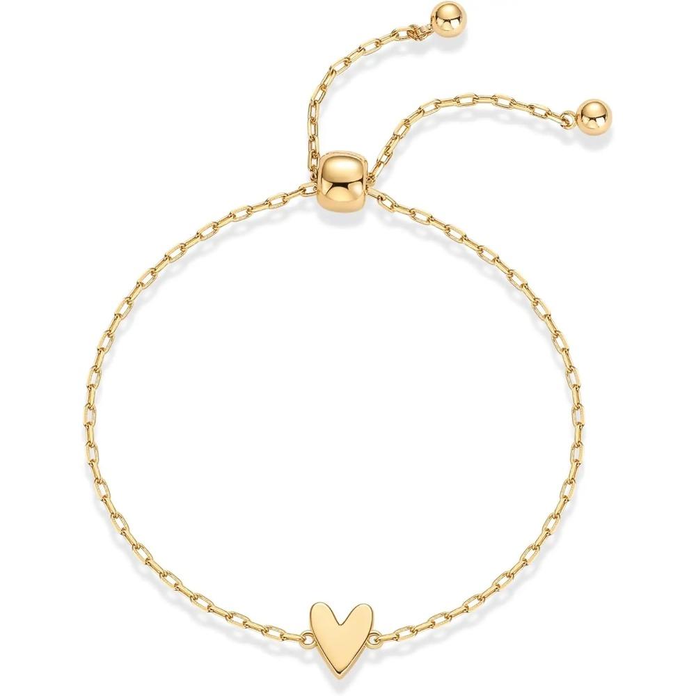 14K Gold Plated Stainless Steel Matching Heart Charms Solitaire Bracelet Set for Women Best Friend Adjustable Love Friendship