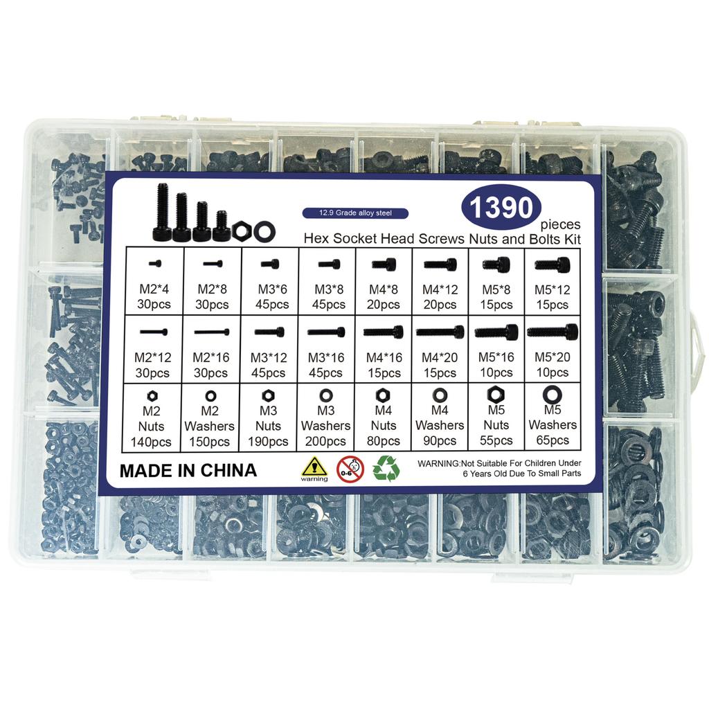 1390 Stück schwarz Güte 12.9 Zylinderkopf Innensechskant mit Unterlegscheibe Mutternsatz Zylinderkopfschraube Box