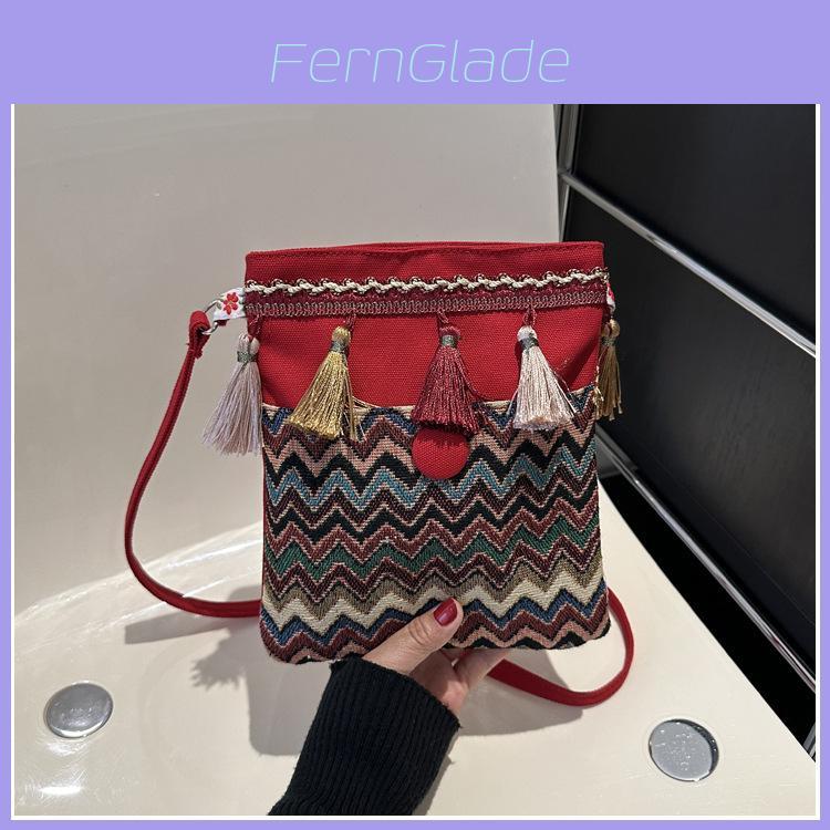 Ethnic Style Canvas Small Shoulder Bag With Wave Patterns And Decorative Tassels For Daily Use