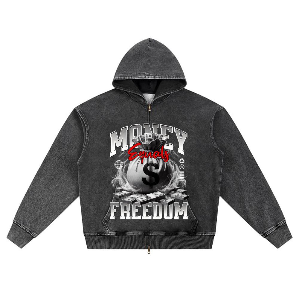 DTG Print Knitted Denim Zip-Up Hoodie Money Equals Freedom Brother Print Zipper Hoodies  