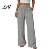Women Casual Pants Striped Wide Leg Pants Summer Elastic Waist Breathable Trousers Loose Fit Palazzo with Pockets Daily Wear