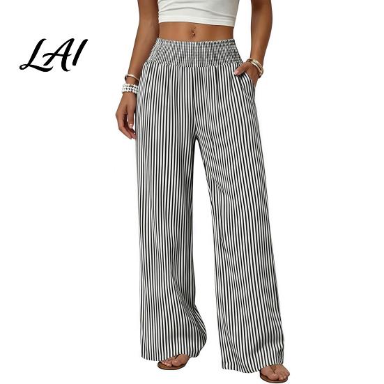 Women Casual Pants Striped Wide Leg Pants Summer Elastic Waist Breathable Trousers Loose Fit Palazzo with Pockets Daily Wear