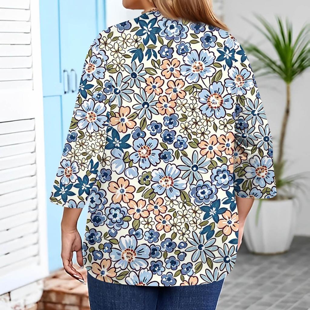 Plus Size Women's Fashion Casual Vintage Print V-Neck 3/4 Sleeve Button T-Shirt Top