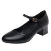 Cheongsam Catwalk Shoes Women's Medium Heel Leather Shoes Thick Heel Work Shoes One-button Black Round Head Professional Single Shoes