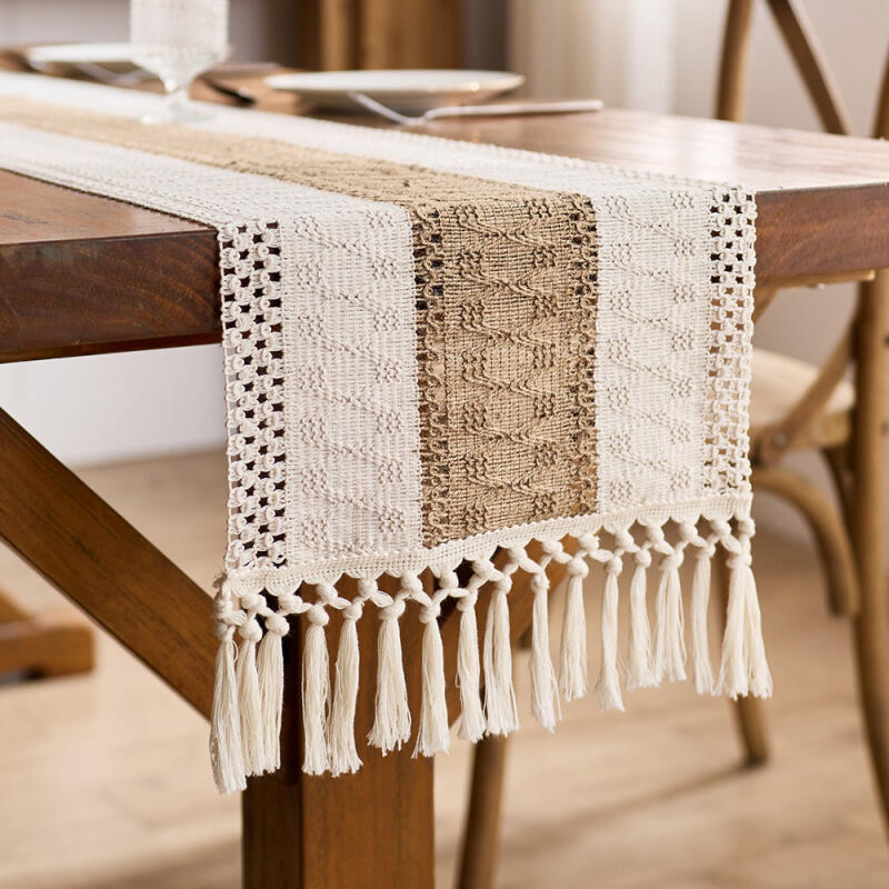 Scandinavian Style Linen Table Runner - Color Block Fringe Decor for Coffee Tables & TV Consoles