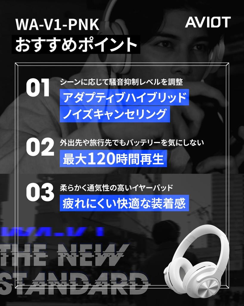 AVIOT Adaptive Hybrid Noise Cancelling Wireless Up to 120 Hours of Breathable Memory Foam Urethane Material for a Comfortable Compact Folding Dual Use
