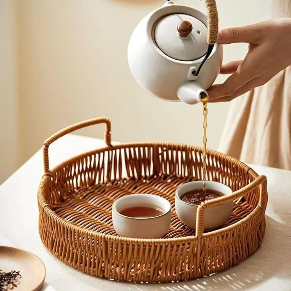 Plastic Imitation Handwoven Rattan Basket with Handle Wicker Basket  Food Storage