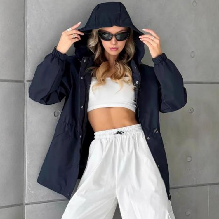 Lightweight Windbreaker Jacket for Women Zip Up Hoodie with Snap Buttons Waist Drawstring Windproof Outwear