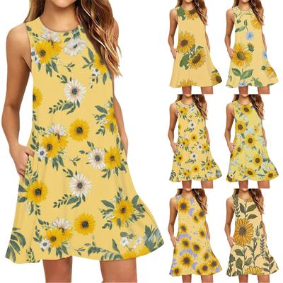 Vestido de Playa de Moda para Mujer sin Mangas Cuello Redondo Estampado Floral