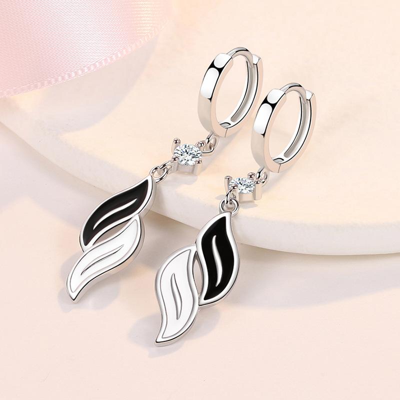 KOFSAC 925 Sterling Silver Earrings For Women Black And White Leaf Earring Fashion Zircon Jewelry Lady Party Accessories