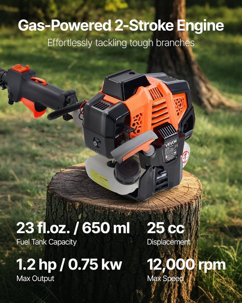 Gas Pole Saw, 25CC 2 Stroke Gas Powered Pole Saws with 30.5 Cm Cutting Bar, Cordless Tree Trimmer with 650ml Fuel Tank, 2.12 To 3.62 M Extendable,