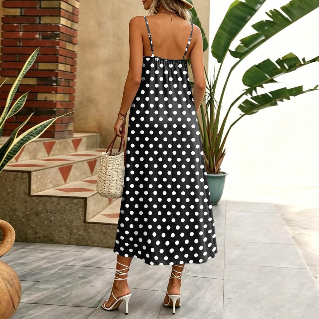 Damen ärmelloses Polka-Dot Maxikleid Sommer lässig langes Kleid mit verstellbaren Spaghettiträgern Leichtes Strandkleid für den Urlaub