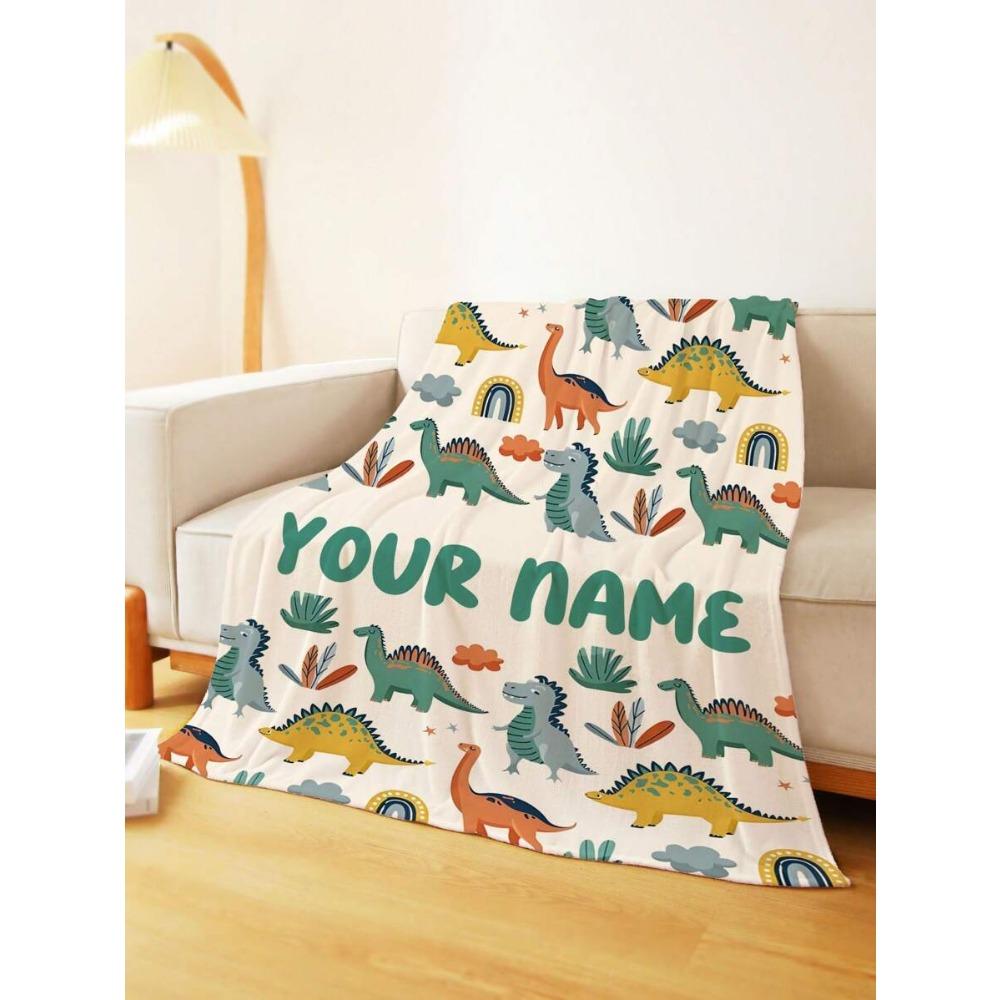 1PC Custom Name Dinosaur Blanket Personalized with Your Own Name - Soft Flannel All-Season Throw for Camping Naps & Home Use