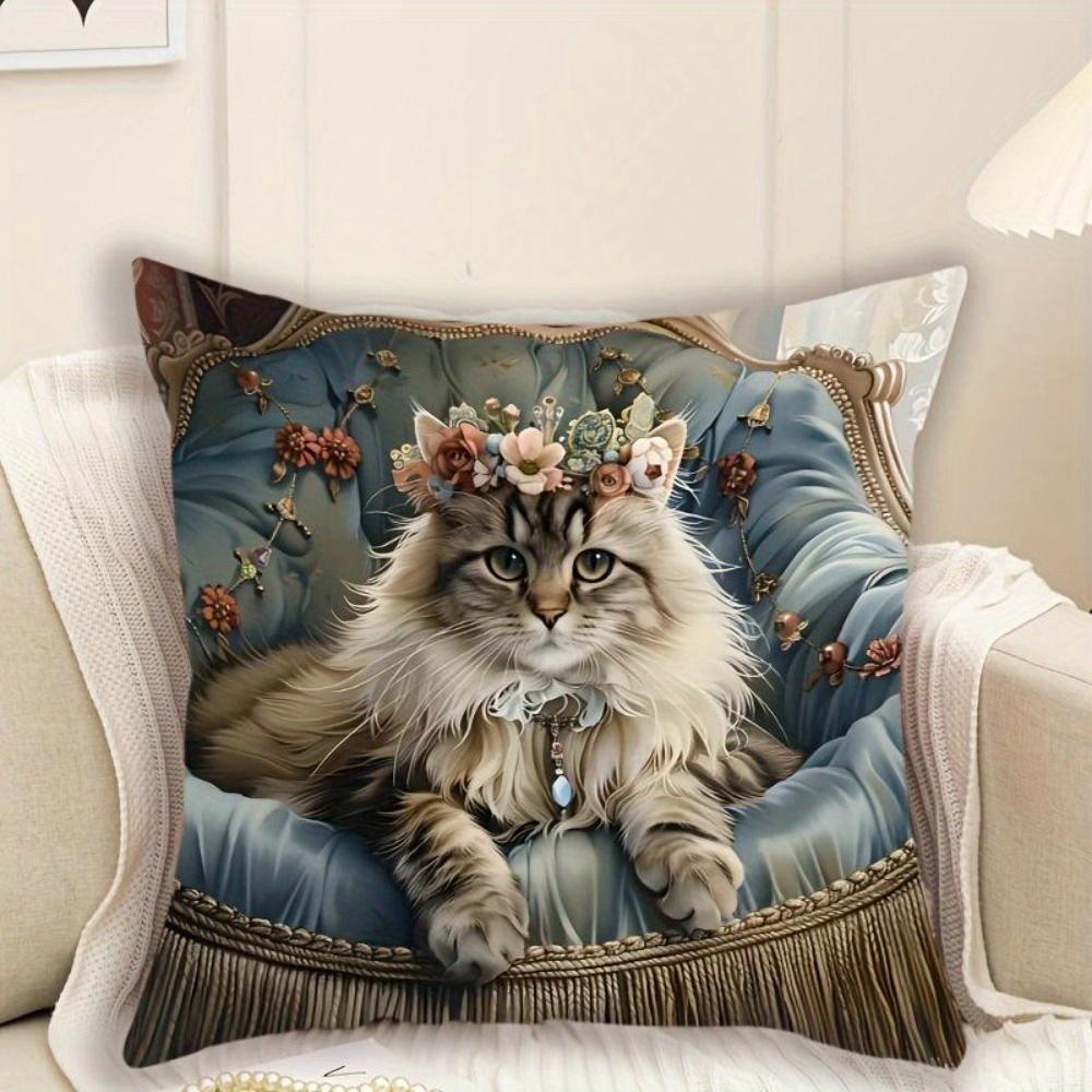2D Flat- Vintage Royal Floral Cat Throw Pillow Cover Luxury Tufted Blue Sofa Cat Cushion Case For Home Decor