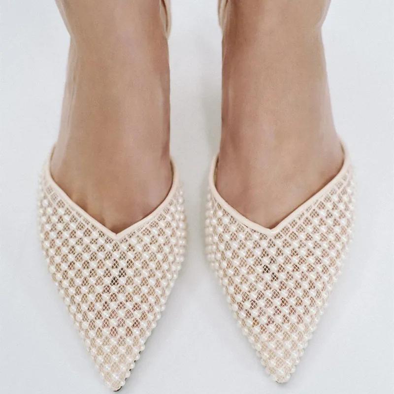 Fashion Elegant String Bead Embellished Brand Pumps Women Sexy Pointed Toe Slingback Thin Heel Designer Shoe Fashion Wedding Bridal Shoe