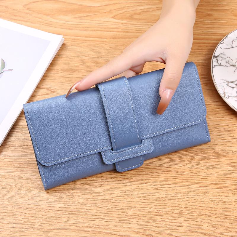 Korean Style Women's Long Tri-Fold Leather Wallet with Coin Pocket and Snap Closure