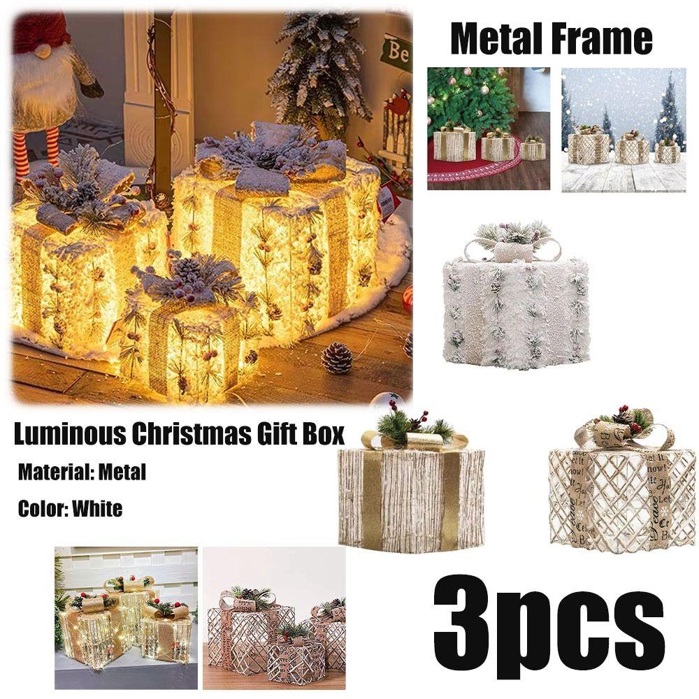 3pcs Lightweight Christmas Light Up Boxes Design Material Christmas Glowing Gift Box Metal Frame Silver Ribbon