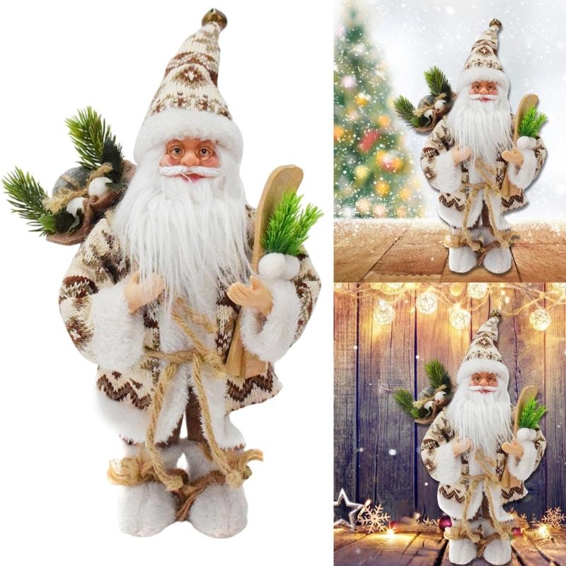 Festival Santa Statue 15" Standing Woodlands Santa Figurine Doll with Skis Ornament Christmas Desktop Decorative Gift