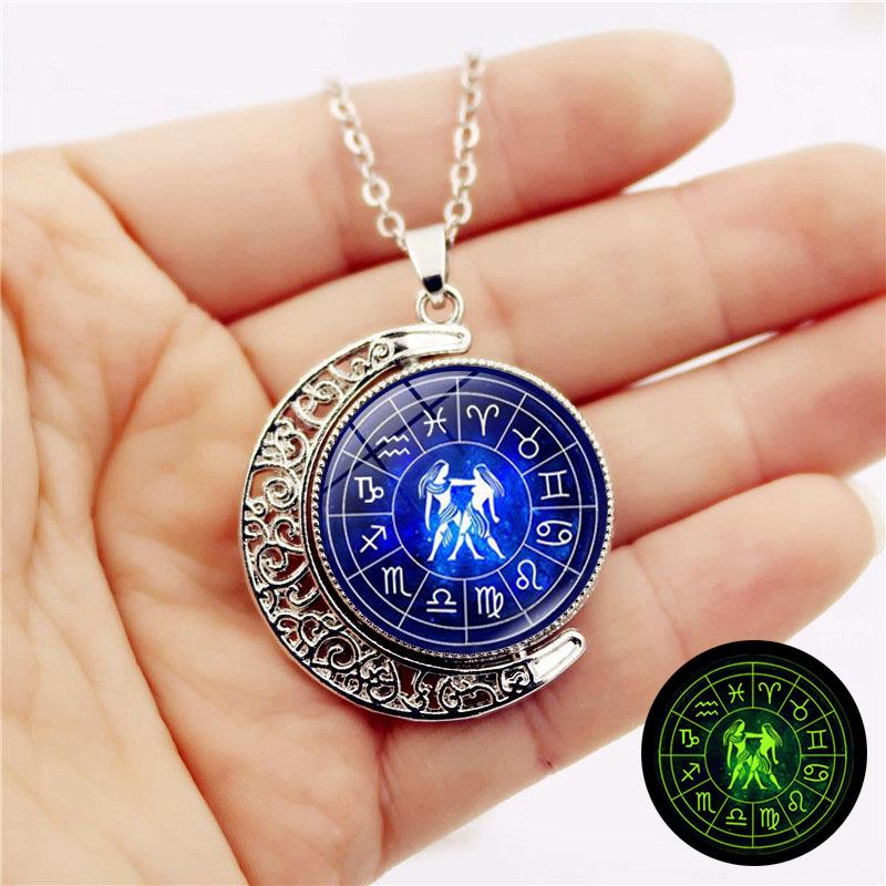 Luminous Twelve Constellations Double-sided Rotating Moon Pendant Necklace for Women European and American