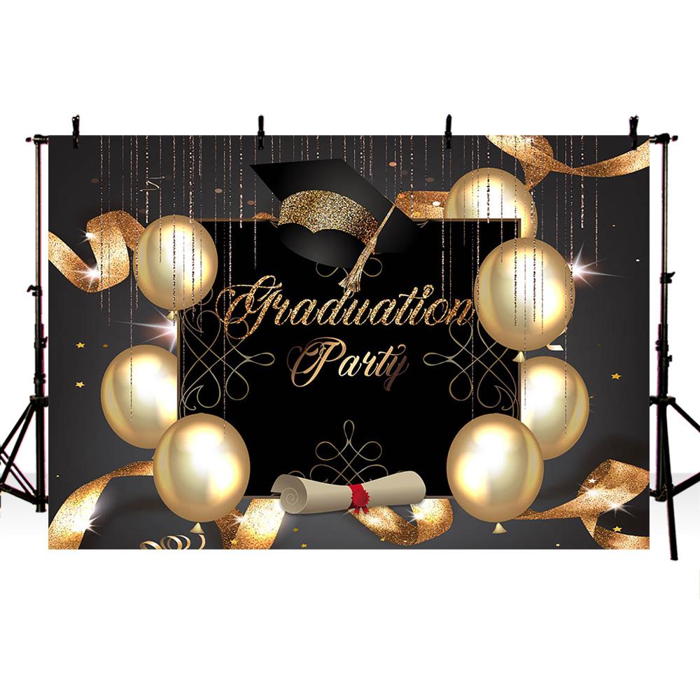 Mocsicka Graduation Background Photography 2025 Black Bachelor Cap Gold Balloon Party Banner Decoration Photo Backdrop Photozone