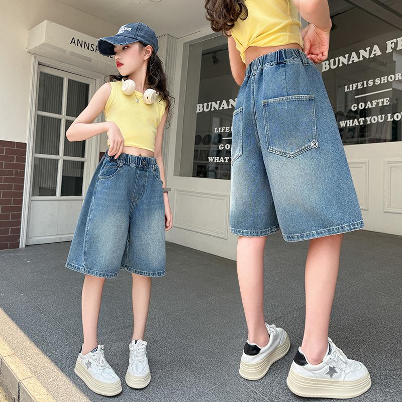 Shorts Jeans de Verão para Meninas Jeans Curtos Azuis para Crianças Calças para Pré-adolescentes Calças Curtas para Crianças Jeans Capris Macios Casuais para Bebês Comprimento do Joelho