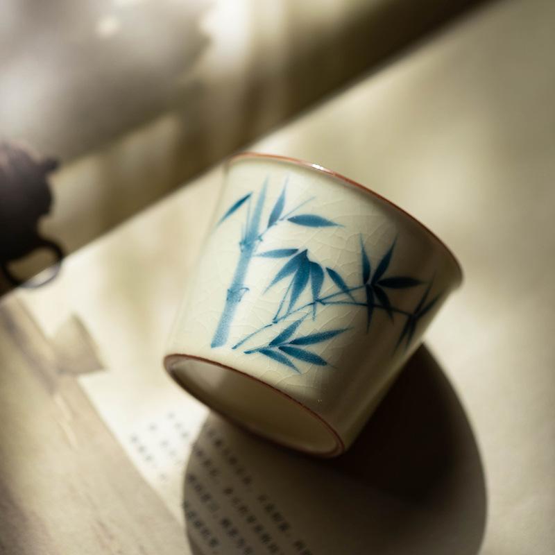 Huang Ru Kiln pure hand-painted bamboo teacup master cup ceramic high-end tea teapot cover bowl tea cup kung fu tea set