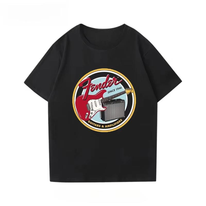 Fender Electric Guitar Short Sleeved Printed T-shirt for Boys, Guitarist Performance Outfit, Pure Cotton, Parent-child
