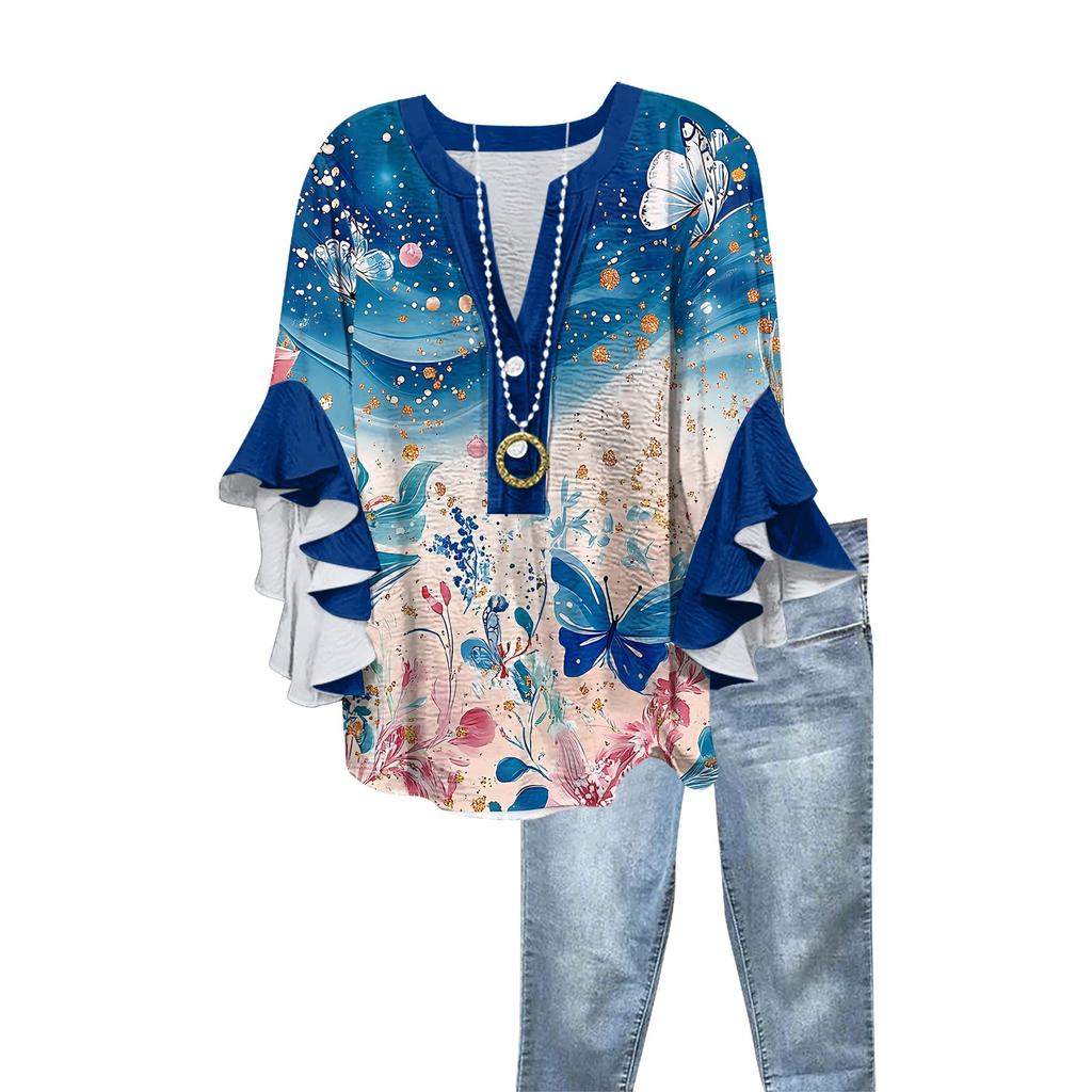 Tops For Women Cute Button V Neck 3/4 Sleeve Blouses Print Top Casual Shirts