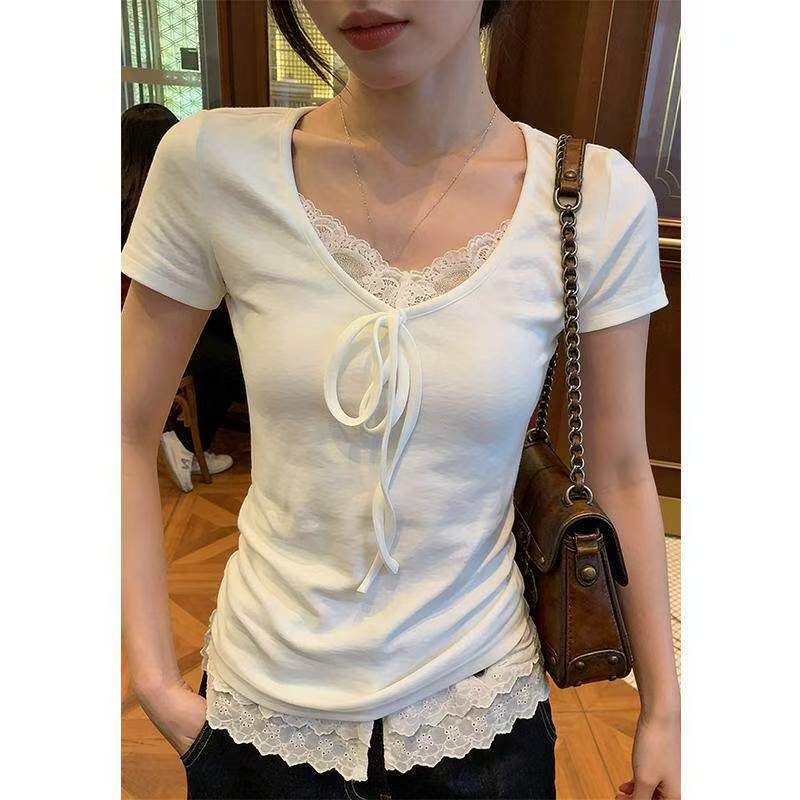 Shoulder Skinny V-Neck Sweet Slim Short Sleeve T-Shirt Women's Summer Unique Korean Lace Design Versatile Fashion Top