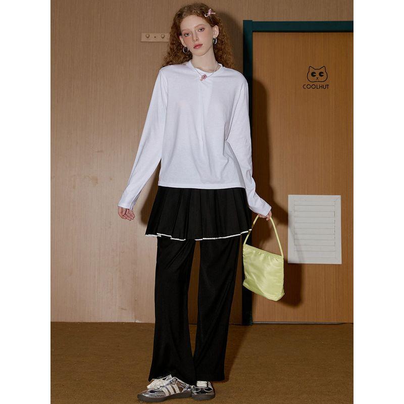 Coolhut2026 Spring and Autumn Pure Cotton Round Neck Solid Color One-Button Design Women's T-Shirt Solid Color Base Shirt