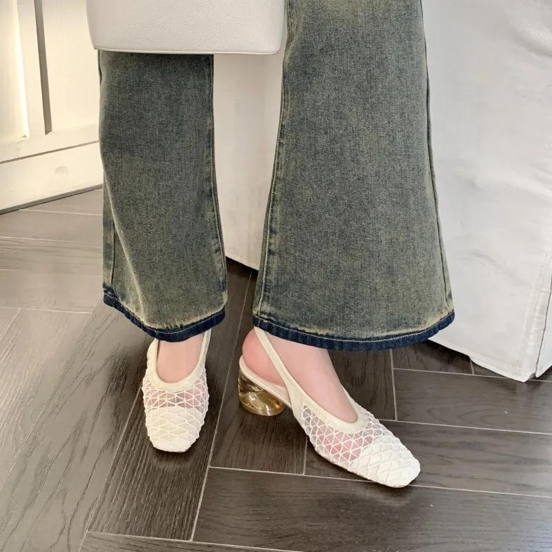 Fashion Women's sandals 2025 Summer Mary Jane Shoes Hollow Buckle Strap Roman Mesh Mid Thick Heel fashion Sandalias talons femmes luxe